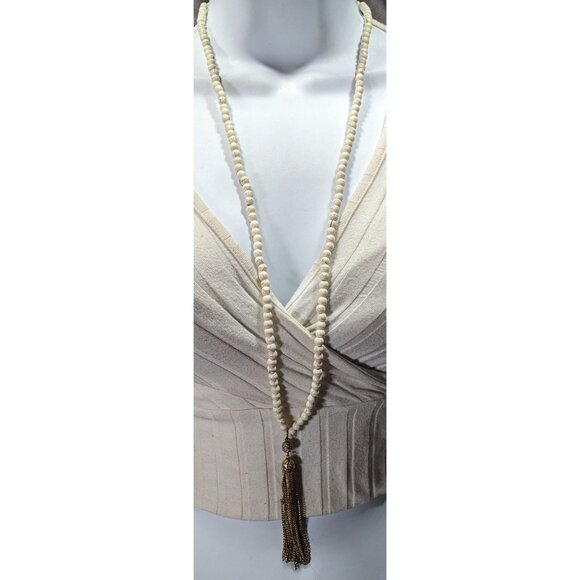 Boho Chic Howlite Beaded Necklace With Gold Tone Tassel And Rhinestone Accents - Picture 3 of 6